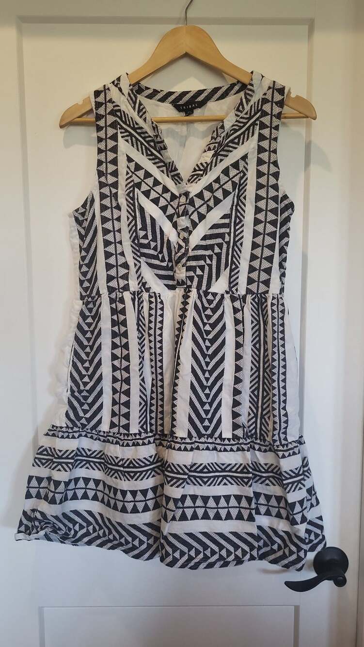 Tribal Western Geometric Geo-Print Sleeveless Tiered Mini Dress, M